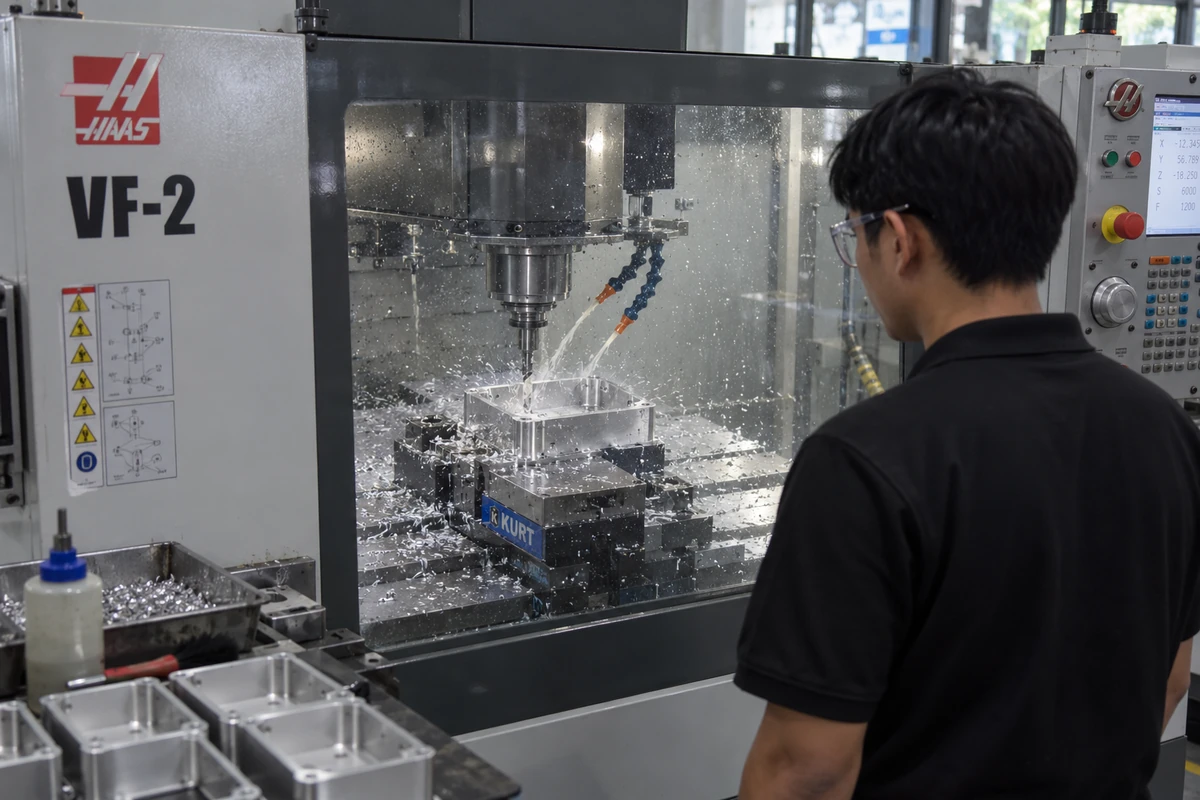 ภาพประกอบเครื่อง Haas VF-2 กัดชิ้นงานจากแท่งอะลูมิเนียม