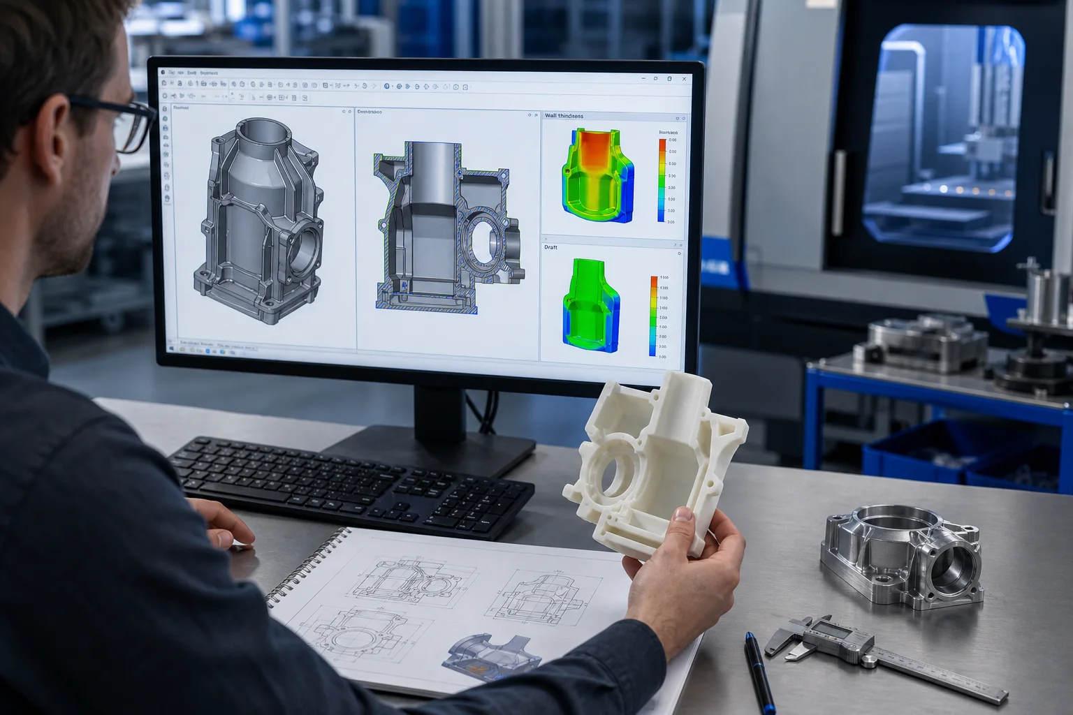 DFM review of wall thickness and draft on a CAD model