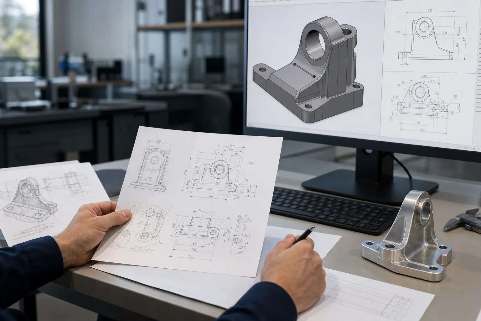 Engineering drawings, a reference part, and a CAD model