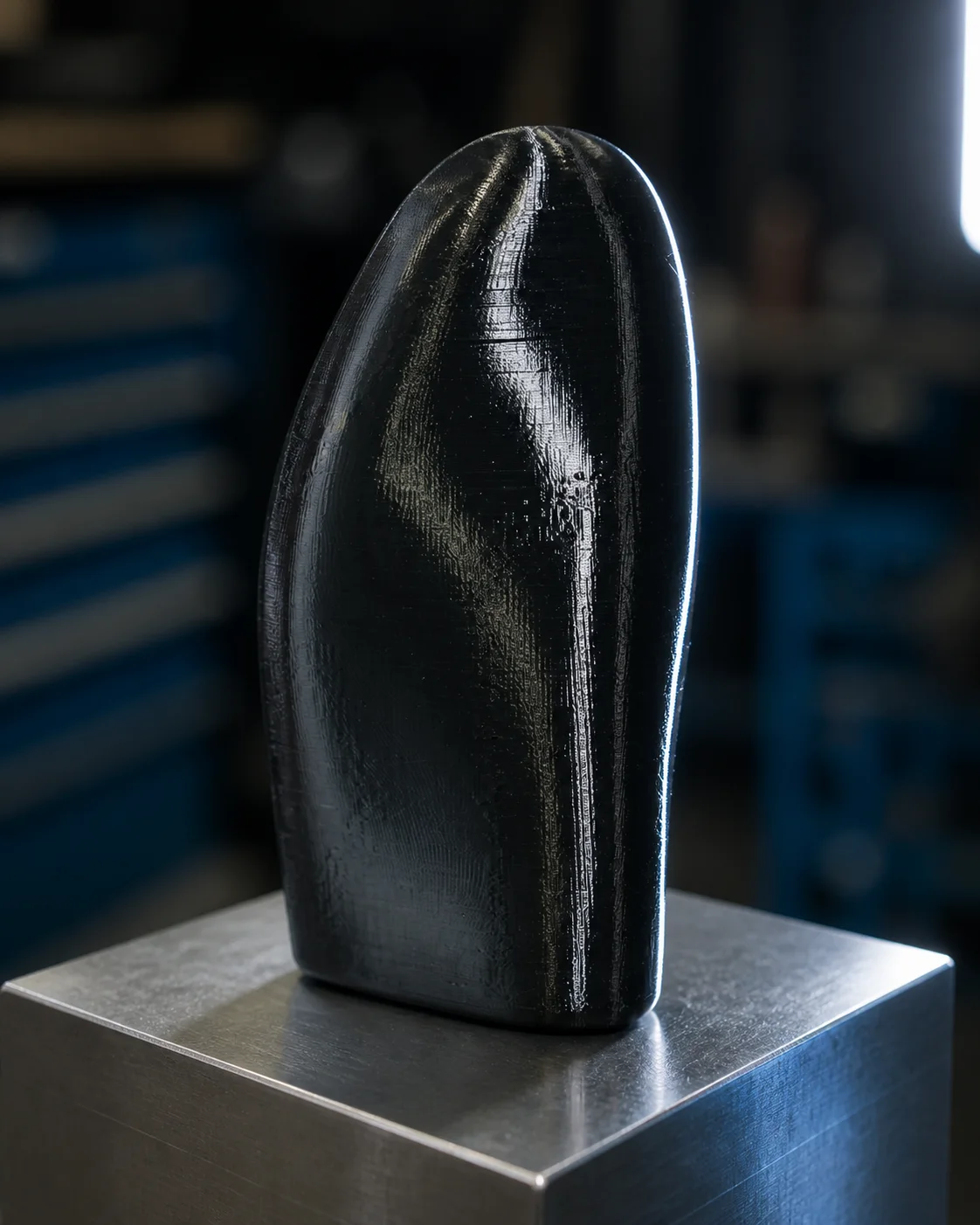 ตัวอย่างชิ้นงานคล้ายเปลือก PETG สีเข้มที่ผลิตจริง มีผิวโค้งเรียว