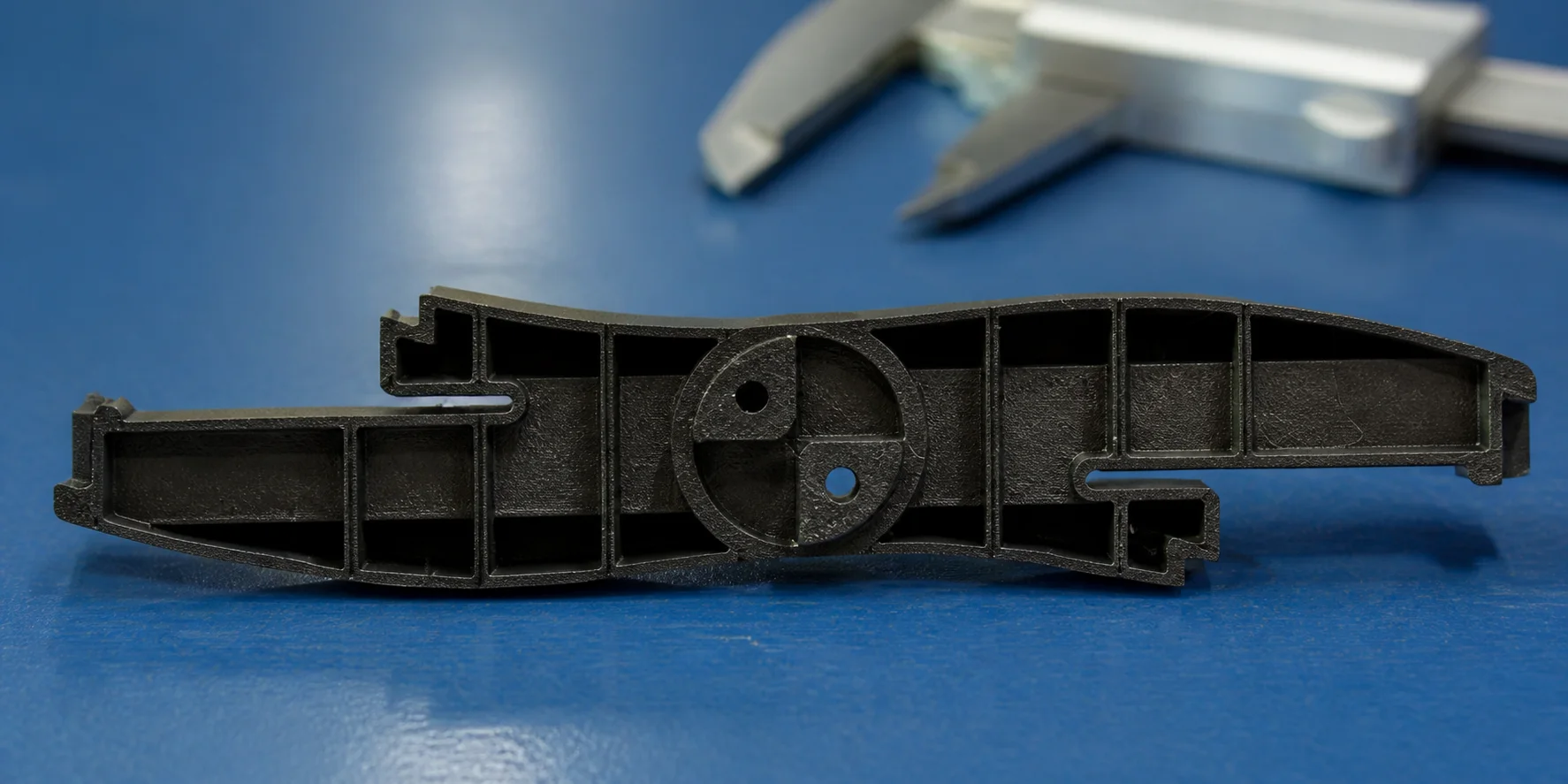 ตัวอย่างชิ้นงานคล้ายขายึด PLA-CF สีเข้มที่ผลิตจริง มีผนังบางและช่องเปิด