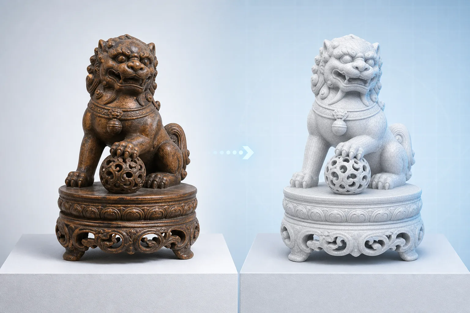 ประติมากรรมโบราณวางคู่กับเมช 3D ที่ปิดสนิทพร้อมพิมพ์