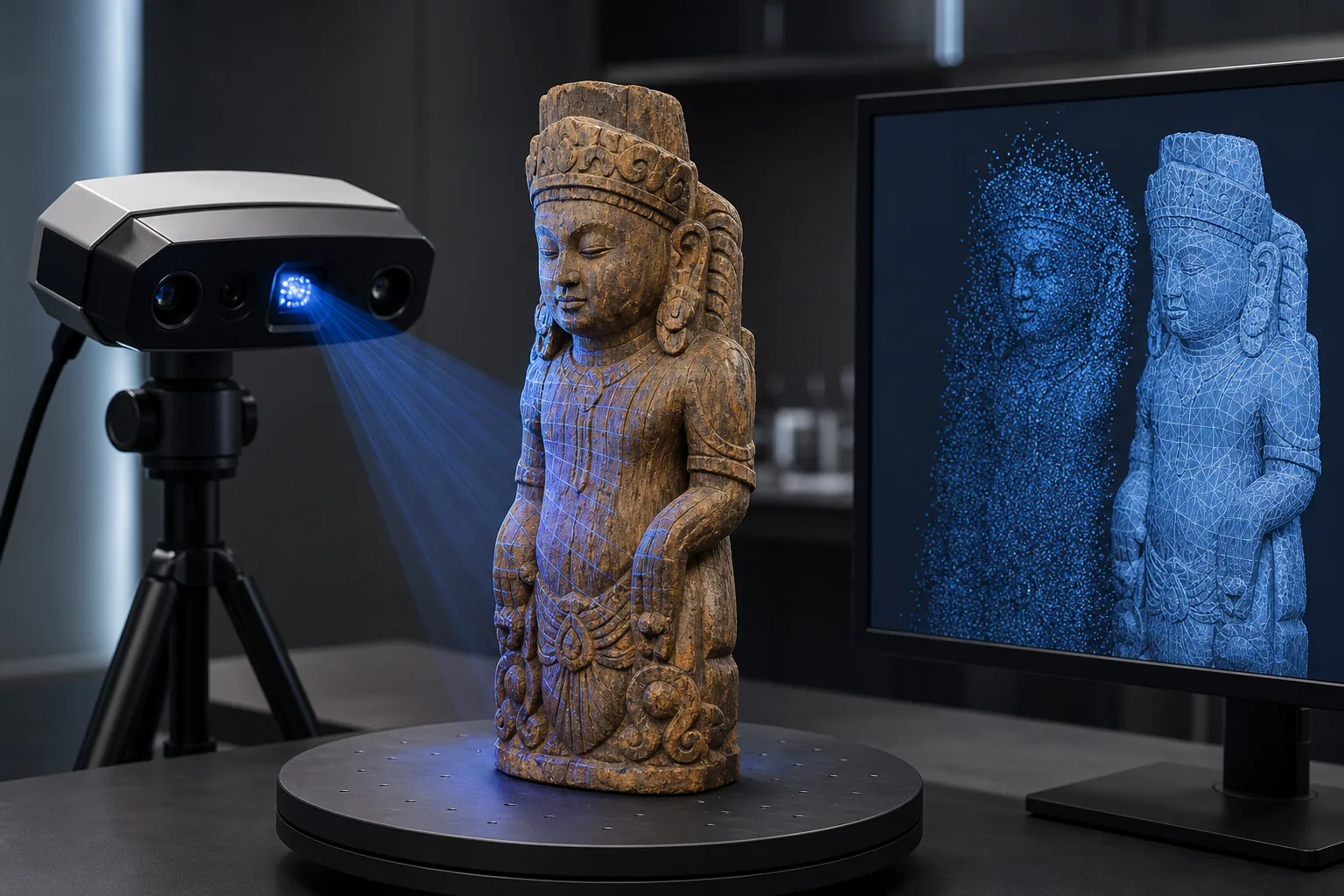 ประติมากรรมโบราณกำลังถูกเก็บข้อมูลเป็น Raw Scan 3D