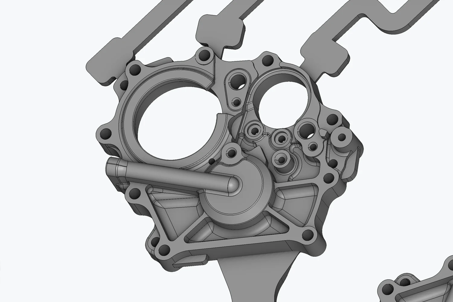 CAD สีเทาของตัวเรือนเดียวกัน แสดงเส้นขอบพื้นผิว รู และครีบจากมุมมองเดียวกัน