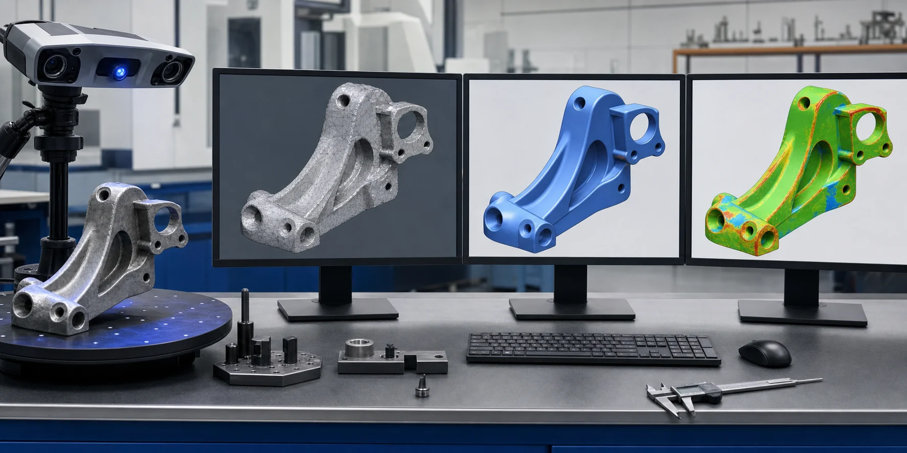 ชิ้นงานจริง เมชจากการสแกน CAD จาก Reverse Engineering และแผนที่สีความคลาดเคลื่อน