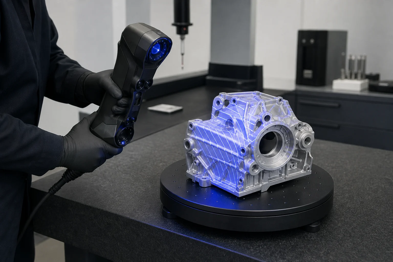 เครื่องสแกน 3D แบบ Structured Light กำลังเก็บข้อมูลตัวเรือนอะลูมิเนียมที่ยึดอยู่บนแท่น