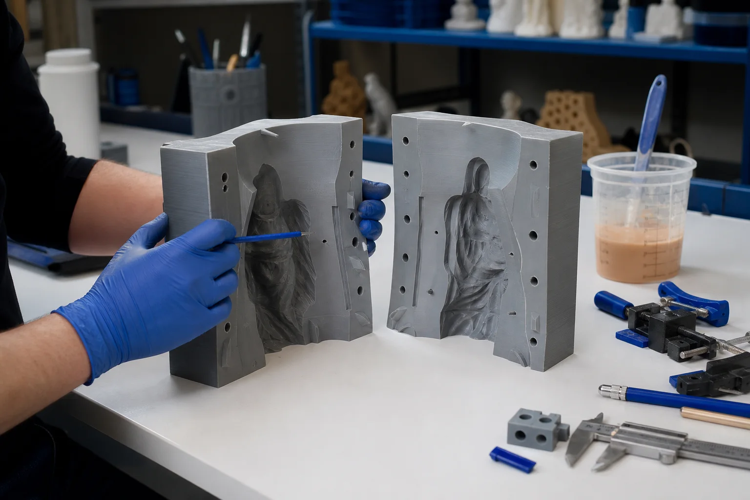 Technician checking a 3D-printed mold before silicone casting