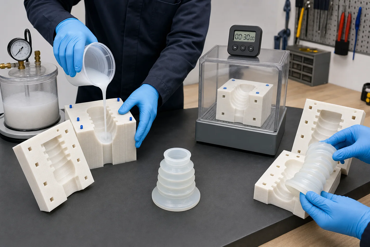 Liquid silicone poured into a 3D-printed mold while another part cures